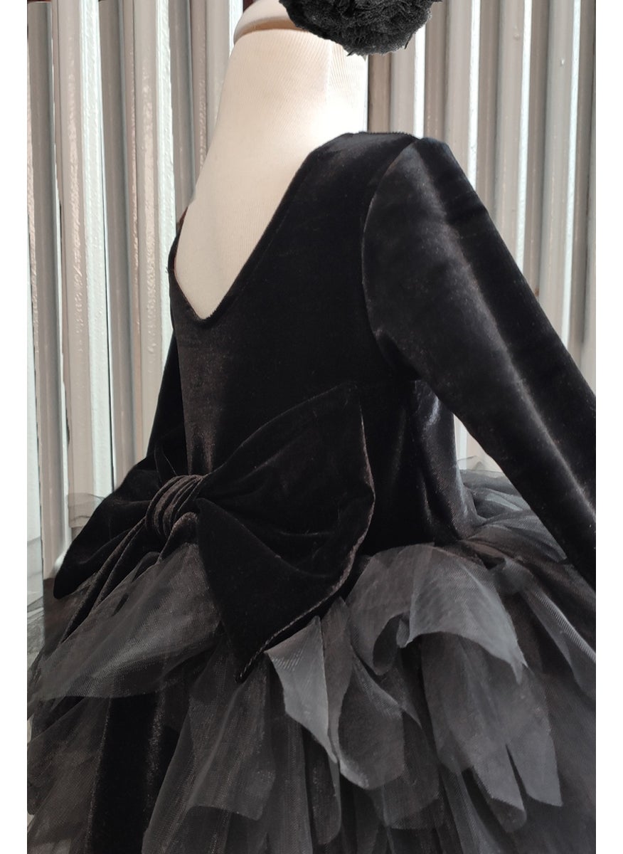 Shecco Babba Girl's Black Velvet Tulle Dress, Long Sleeve Black Bow Birthday Dress, Bandana  - Image 4