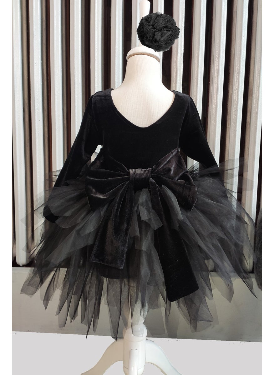 Shecco Babba Girl's Black Velvet Tulle Dress, Long Sleeve Black Bow Birthday Dress, Bandana  - Image 1