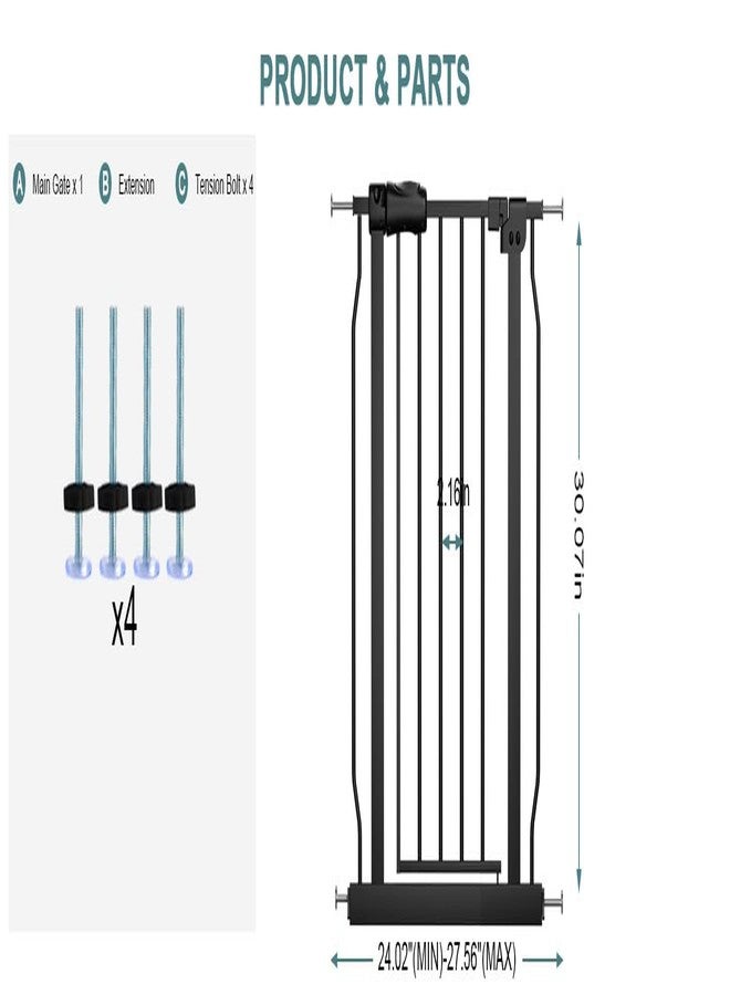 COSEND 24-27 Inch Narrow Baby Gate, Tension Pet Dog Gates Indoor for Stairs Doorways, Black Metal Safety Gate Indoor for Kids and Pets - Image 2