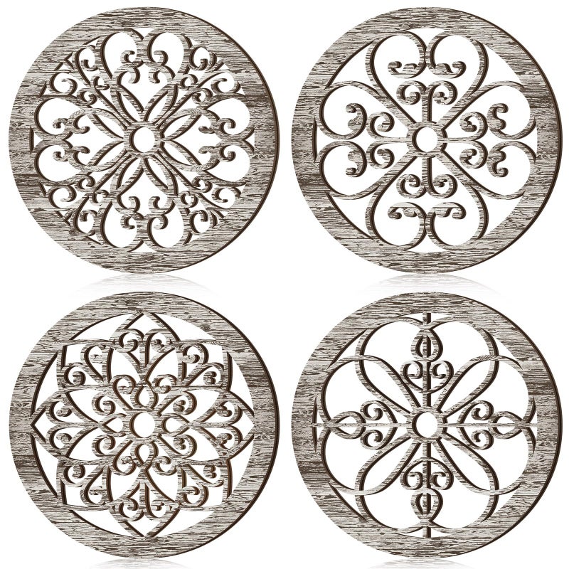 Yulejo 4 Pcs Thicken Rustic Wall Decor Farmhouse Kitchen Wall Round Art Wooden Hollow Carved Design Rustic Art for Living Room Bedroom Hallway Decor 157 x 157 InchRetro White