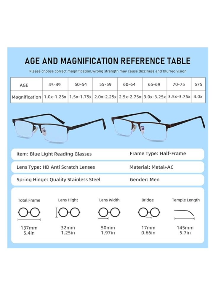 Reading Glasses for Men, Lightweight Metal Half Frame Blue Light Blocking Computer Readers