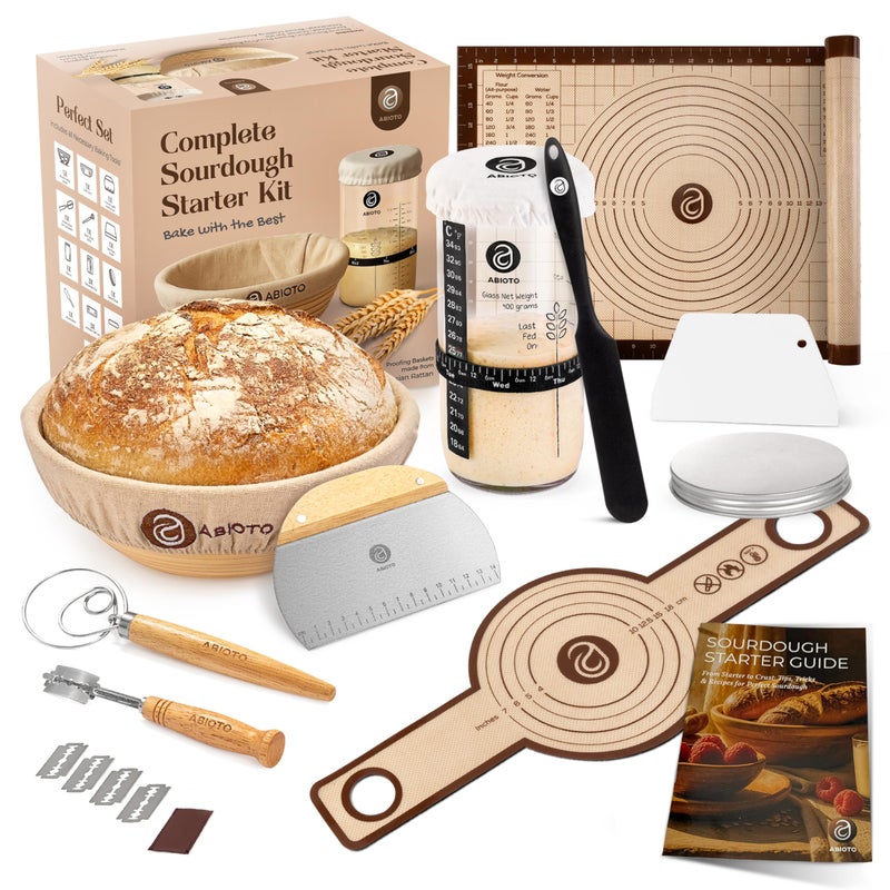 ABIOTO Sourdough Starter Kit with 9" Round Banneton Proofing Basket and 24oz Starter Jar - Beginner-Friendly Sourdough Bread Baking Supplies and Baking Gifts for Women, Men, and Bread Bakers - Image 1