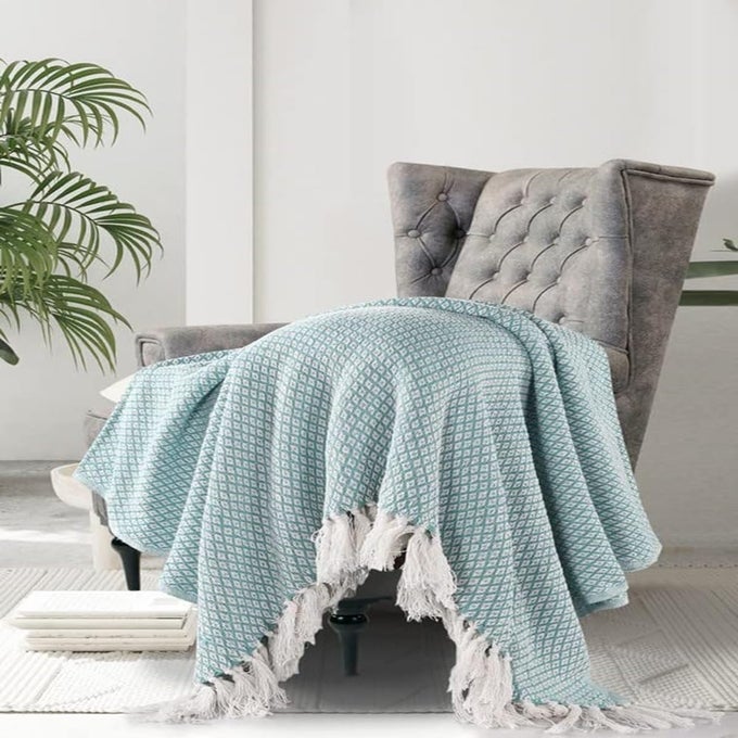 SOFT THROW BLANKET USED BOTH INDOOR AND OUTDOOR BLANKET FOR LIVING ROOM SOFA BED CHAIR ICE BLUE WHITE THROW BLANKET PACK OF 1 160 X130 CM COTTON SKIN_FRIENDLY