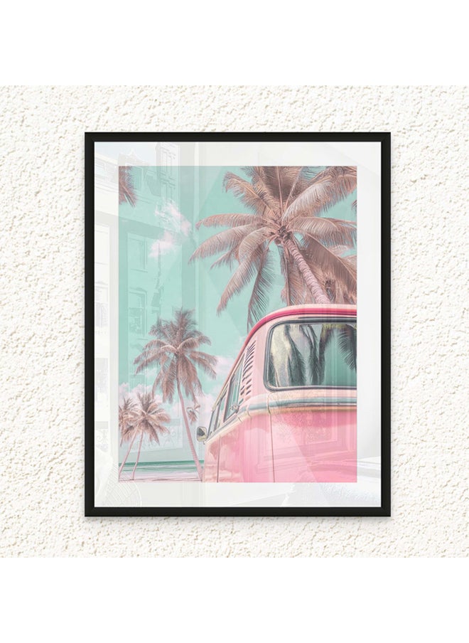Art Decor - Art Decor Framed Fine Art Pink Vintage Van Portrait Beach with Palm Trees Pastel Aesthetic Coastal Print with Matt Board Wall Décor for Living Room Bedroom Home Office Hotel Gifting - Image 1