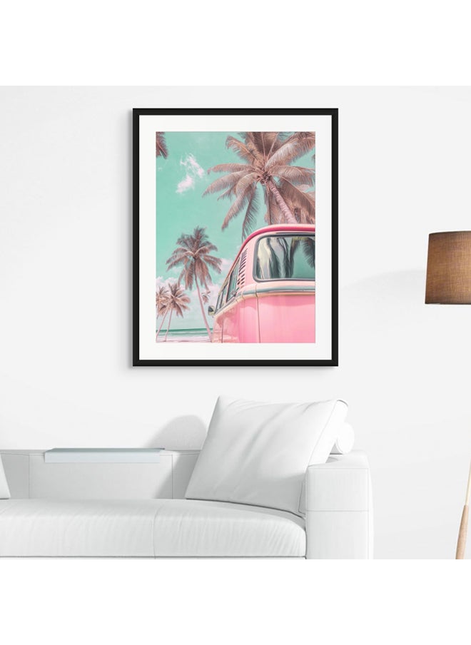 Art Decor - Art Decor Framed Fine Art Pink Vintage Van Portrait Beach with Palm Trees Pastel Aesthetic Coastal Print with Matt Board Wall Décor for Living Room Bedroom Home Office Hotel Gifting - Image 1