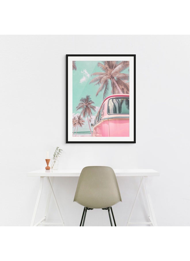 Art Decor - Art Decor Framed Fine Art Pink Vintage Van Portrait Beach with Palm Trees Pastel Aesthetic Coastal Print with Matt Board Wall Décor for Living Room Bedroom Home Office Hotel Gifting - Image 1