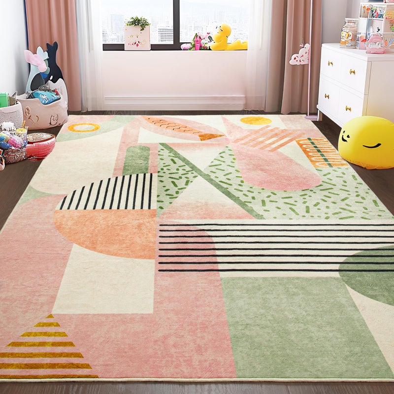 Tepook Pink Area Rug for Living Room, 8x10 Indoor Carpet for Bedroom Washable, Non-Slip Abstract Print Kids Rug for Nursery Playroom Classroom Dorm Office Dining Room - Image 4