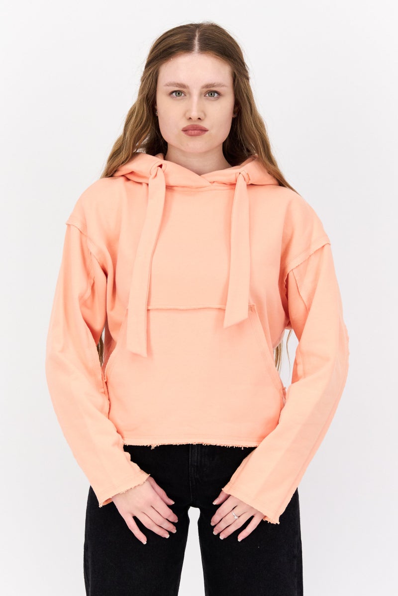 TRIBE OF 6 Women Embroidered Logo Hooded Sweatshirt, Apricot - Image 1