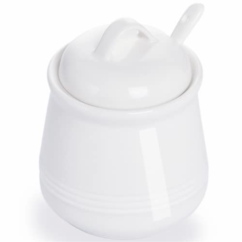 HAOTOP Porcelain Sugar Bowl, Ceramic Salt Bowl with Spoon and Lid for Home and Kitchen, 12 Ounces (White) - Image 1