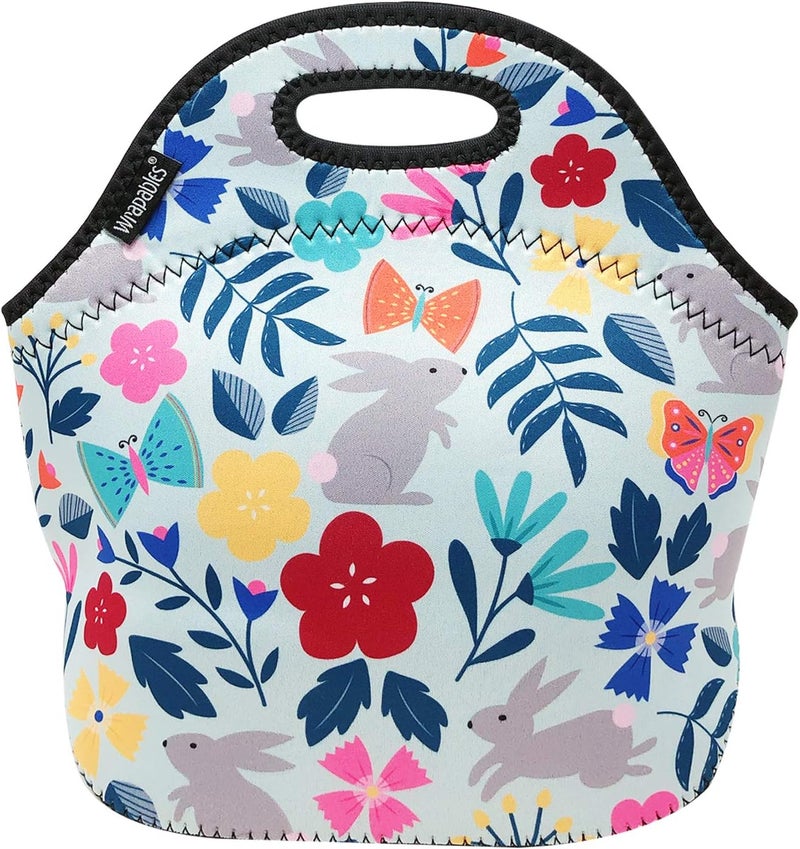 Wrapables Insulated Neoprene Lunch Bag Floral Rabbits - Image 1