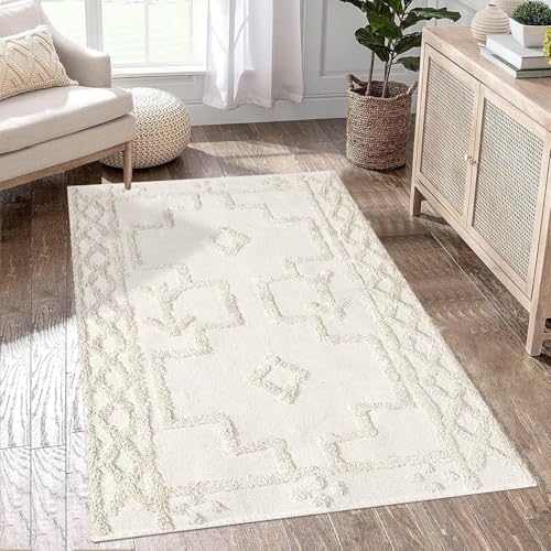 Uphome Boho Area Rug 3' x 5', Cream Washable Cotton Woven Entryway Rug with Tassels, Moroccan Tufted Bedroom Rug, Farmhouse Tribal Floor Carpet for Entry Office Porch Living Room Kitchen - Image 1