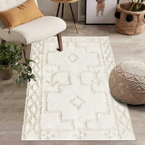 Uphome Boho Area Rug 3' x 5', Cream Washable Cotton Woven Entryway Rug with Tassels, Moroccan Tufted Bedroom Rug, Farmhouse Tribal Floor Carpet for Entry Office Porch Living Room Kitchen - Image 5