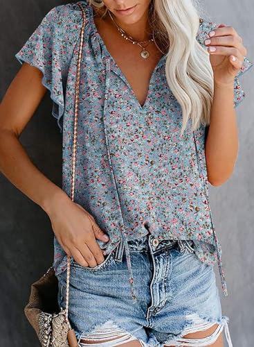 SimpleFun Short Sleeve Blouses for Women Casual Summer V Neck Pleated Tops Loose Fitting (Floral19,L) - Image 2