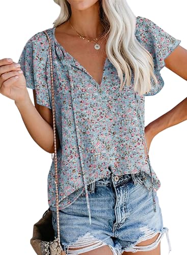 SimpleFun Short Sleeve Blouses for Women Casual Summer V Neck Pleated Tops Loose Fitting (Floral19,L) - Image 1