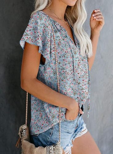 SimpleFun Short Sleeve Blouses for Women Casual Summer V Neck Pleated Tops Loose Fitting (Floral19,L) - Image 4
