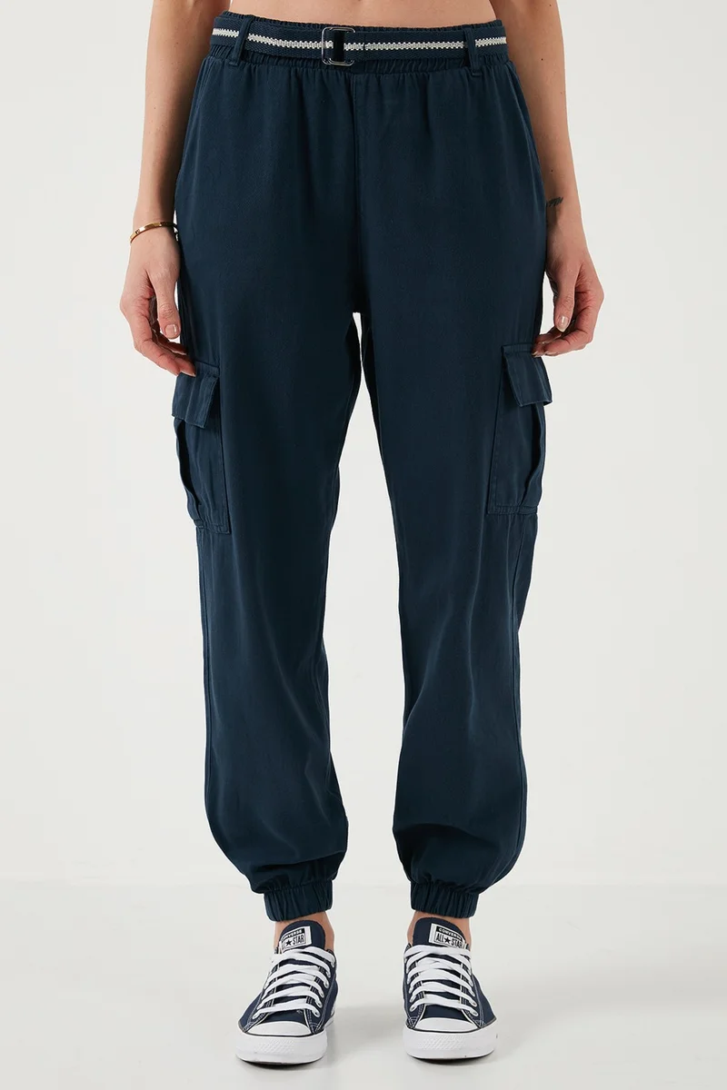 Lela Cotton Standard Fit Normal Waist Elastic Leg Belted Jogger Pants Women's Trousers 668YP5045