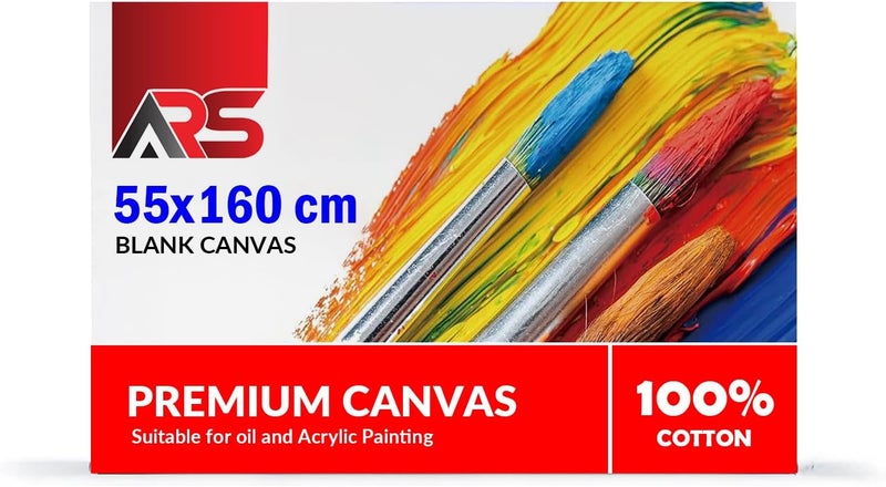اي ار اس لوحة قماشية بيضاء فارغة من ARS، مقاس 55 × 160 سم - لوحة قماشية فنية عالية الجودة مصنوعة من القطن الخالص 100%، مناسبة للرسم، وصب الأكريليك، والرسم الزيتي، والرسم الجاف والرطب. - Image 1