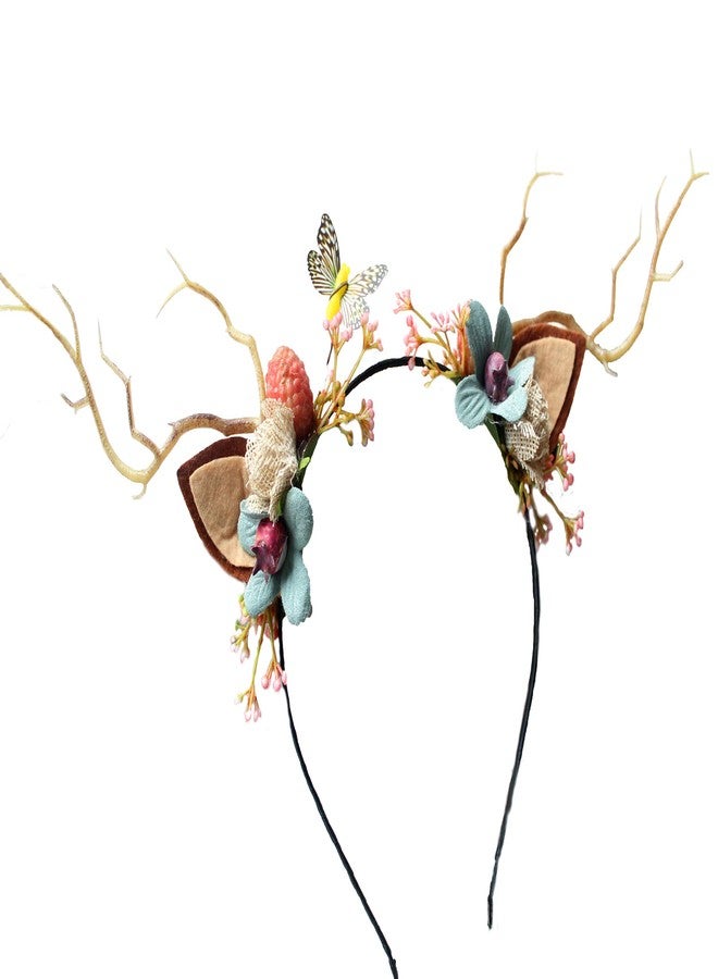 LLinfflr Deer Antler Cat Ear Headband with Flowers for Party Cosplay Costume - Image 1