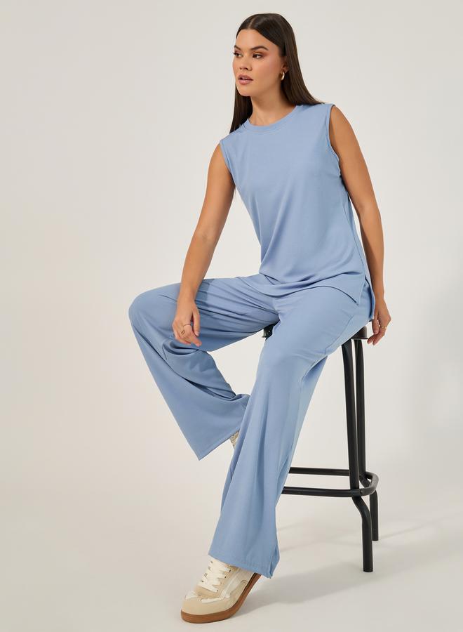 Styli Sleeveless Rib Knit Top with Wide Leg Joggers Co-ord Set  - Image 1