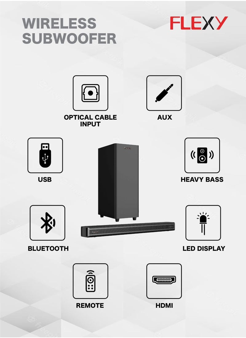 Flexy - FLEXY SOUND BAE SYSTEM 3200W: 2.1 Channel Soundbar with Extra Bass, HDMI, Bluetooth, USB, Optical, Flexible Placement, Remote Control, LED Display, Works with All Devices. - Image 1
