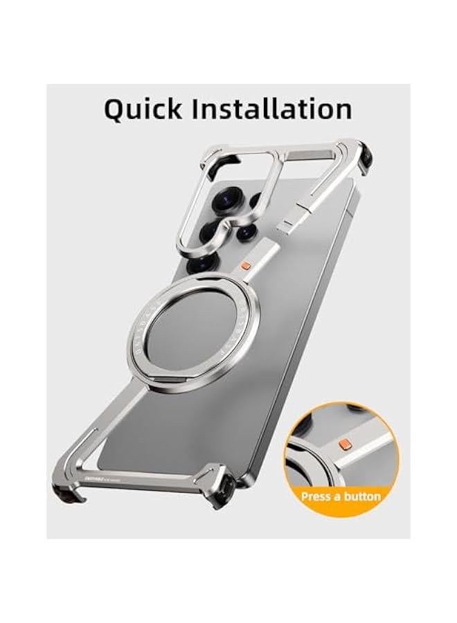 OATSBASF Minimalist Phone Case Compatible with Samsung Galaxy S25 Ultra, 360° Rotation Kickstand Aluminum Metal Frameless Design Bumper Case, Protective Shock Grade Shell, Natural Titanium - Image 3