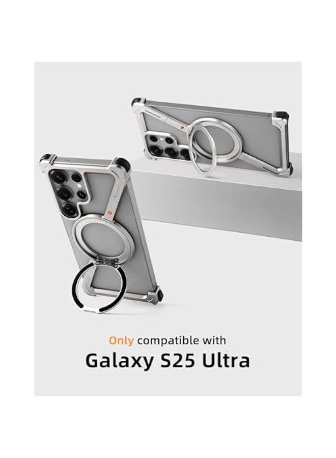OATSBASF Minimalist Phone Case Compatible with Samsung Galaxy S25 Ultra, 360° Rotation Kickstand Aluminum Metal Frameless Design Bumper Case, Protective Shock Grade Shell, Natural Titanium - Image 2
