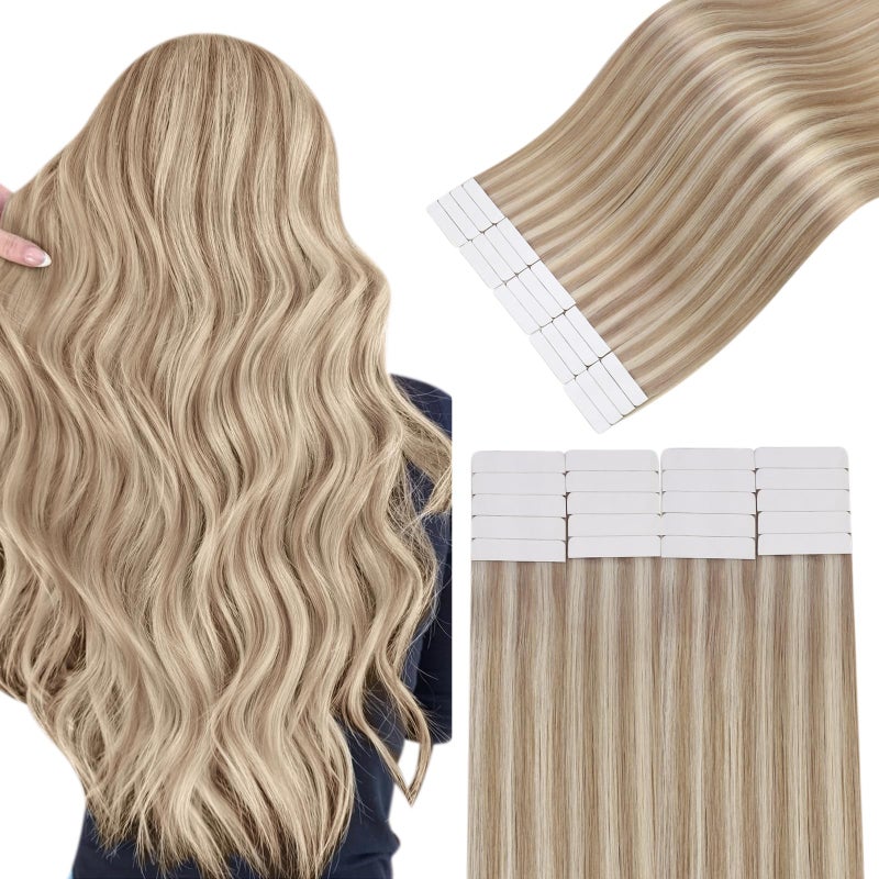 Easyouth Tape ins Human Hair Extensions Straight Tapes in hair Extensions Real Hair Blonde Bleach Blonde Highlight Ash Blonde Human Hair Tapes ins Extension for Women 14 Inch 40g 20pcs