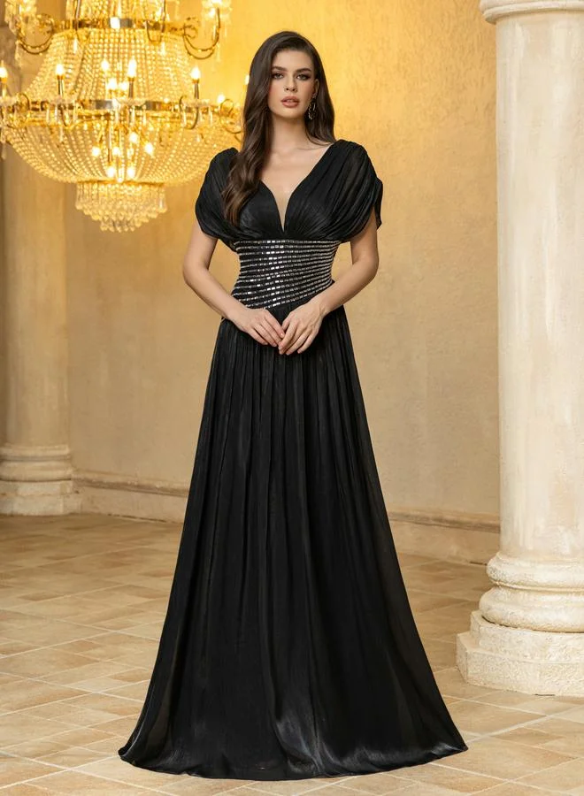 Unithorse Black Embellished A-Line Maxi Evening Dress