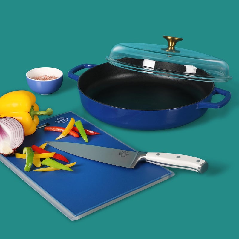 Sur La Table Kitchen Essentials Supper Club 3.75 Quart Enamel Cast Iron All In One Multi-Purpose Non-Toxic Nonstick Braiser Pan W/Borosilicate Glass Lid - Blue - Image 3