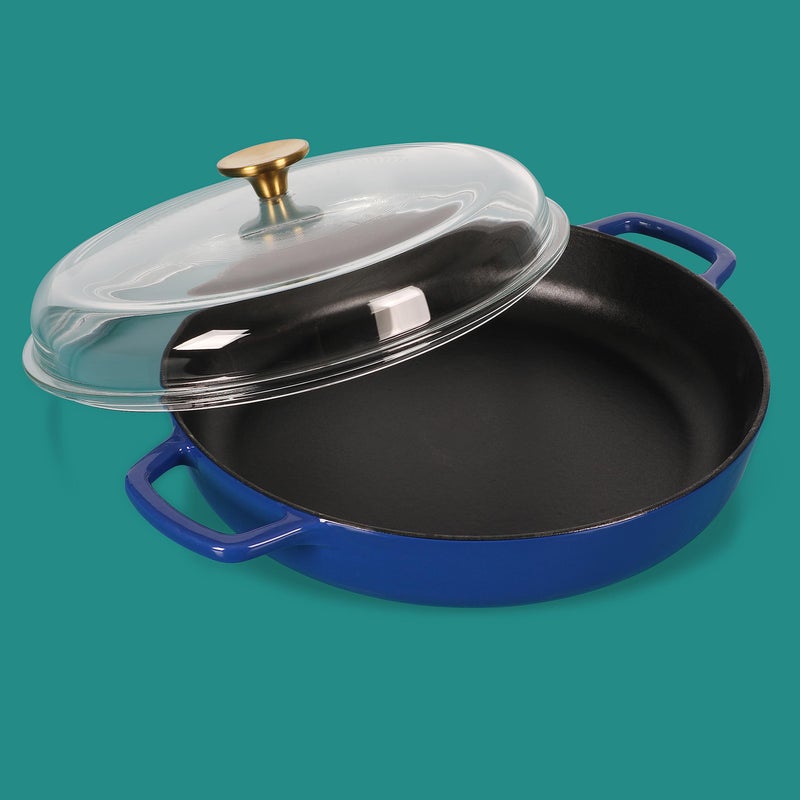 Sur La Table Kitchen Essentials Supper Club 3.75 Quart Enamel Cast Iron All In One Multi-Purpose Non-Toxic Nonstick Braiser Pan W/Borosilicate Glass Lid - Blue - Image 2