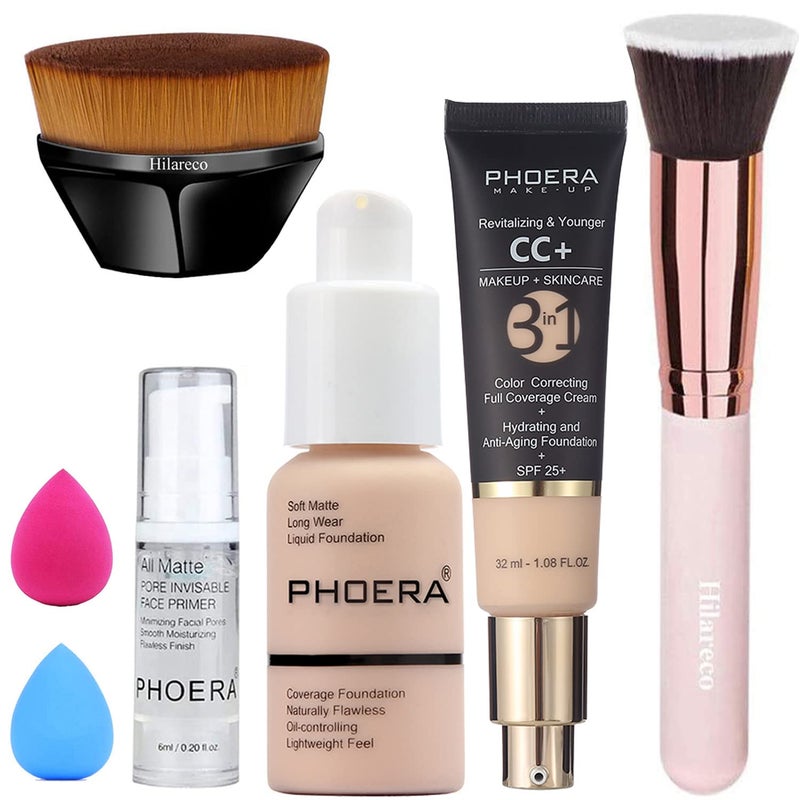 Hilareco PHOERA Foundation PHOERA CC Cream Color Correcting Anti Aging Hydrating Serum SPF 25 PHOERA Primer PHOERA MakeupKabuki Makeup Brushes Foundation Brush 102 Nude 120 Nude CC Cream
