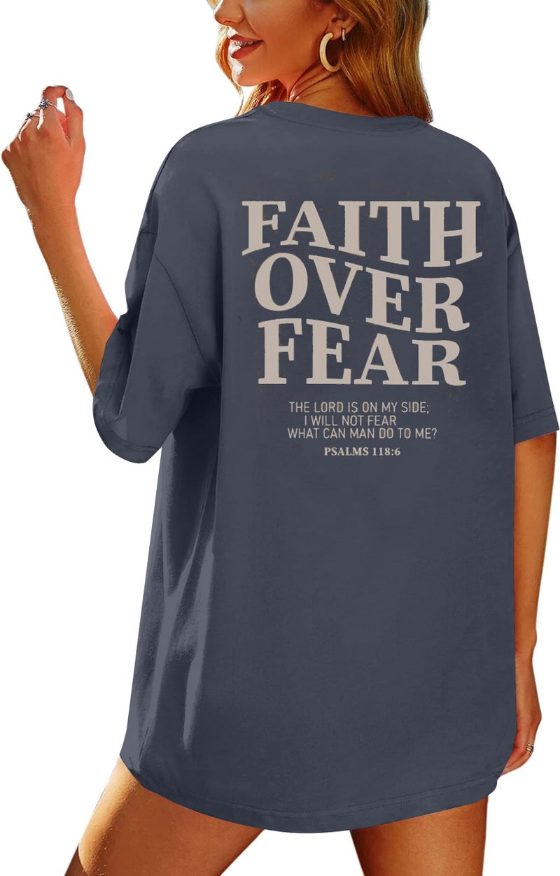 BANGELY Faith Over Fear Tshirt Women Oversized Christian Religious Sayings Tees Drop Shoulder Tee Tops Grey - Image 4