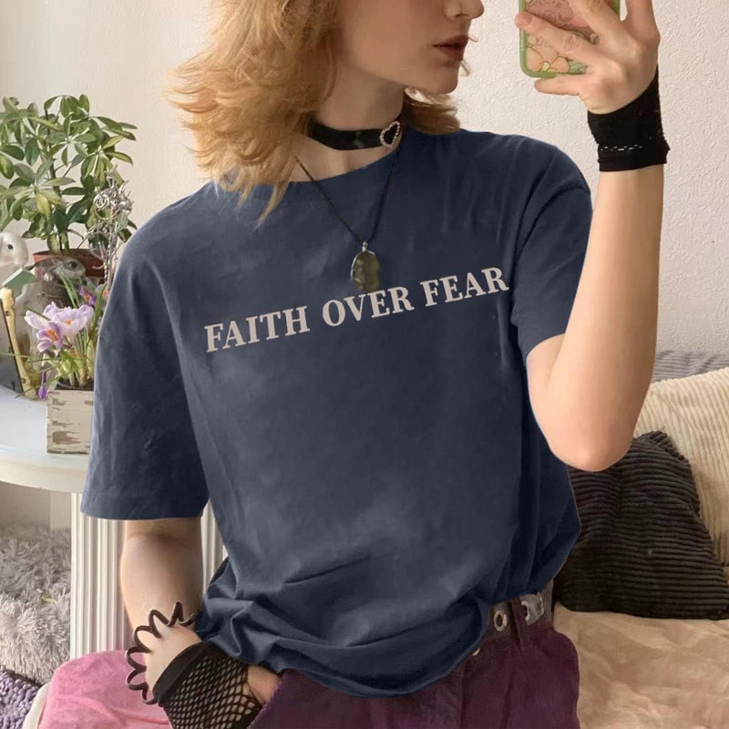 BANGELY Faith Over Fear Tshirt Women Oversized Christian Religious Sayings Tees Drop Shoulder Tee Tops Grey - Image 5