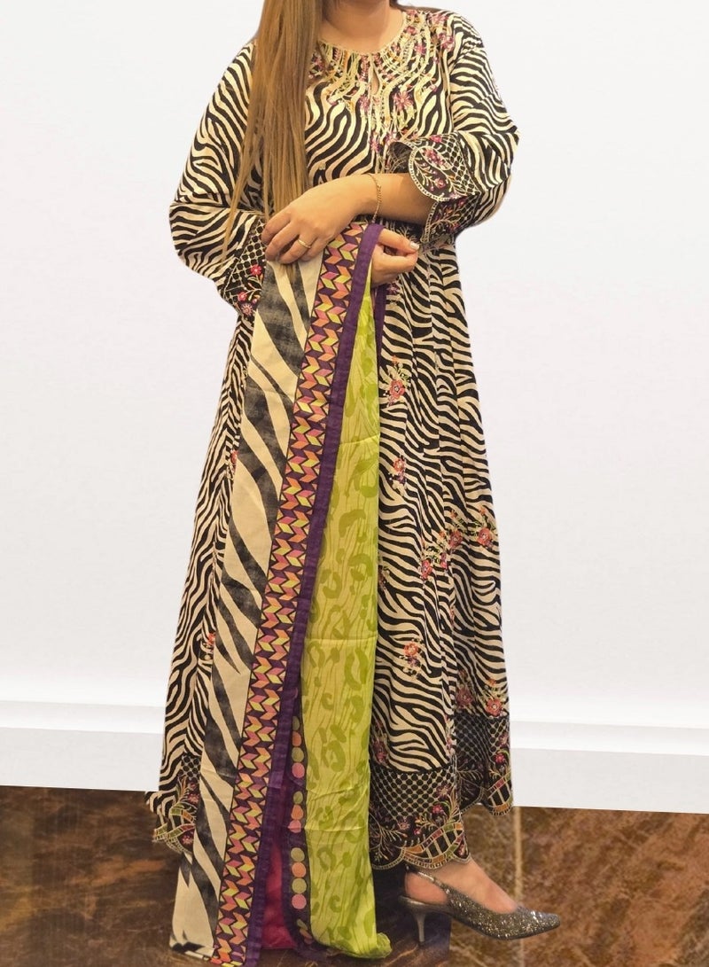 Winchell's Zebra Print Embroidered 3-Piece Frock Style Dress with Multicolor Dupatta - Medium - Image 2
