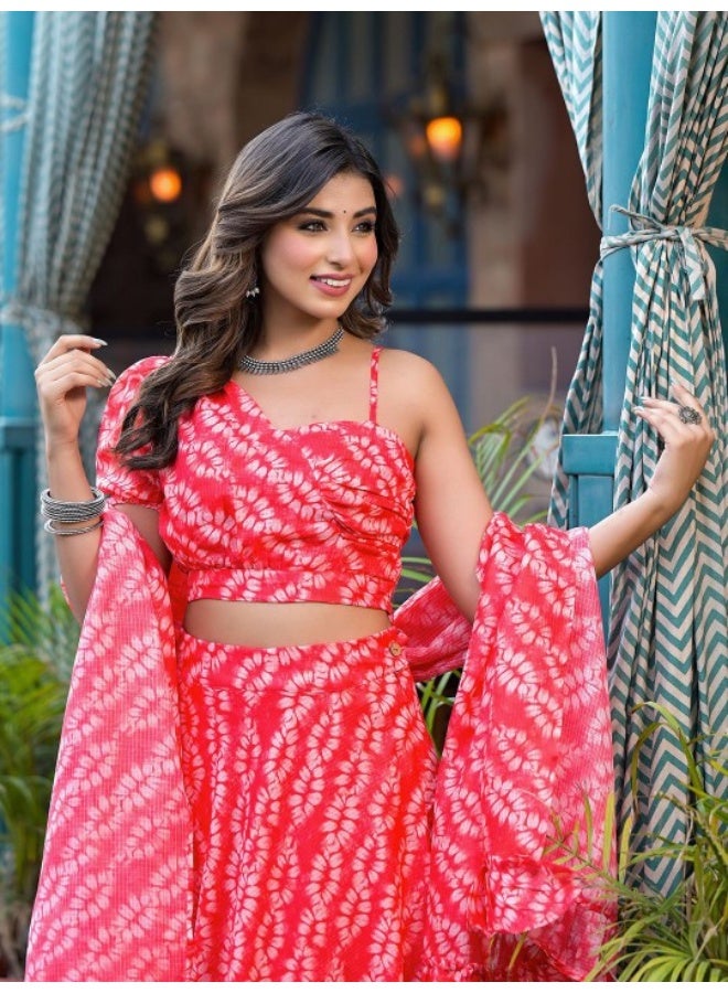 AKS Red Kota Doria Lehenga Choli with One-Shoulder Blouse  - Image 1