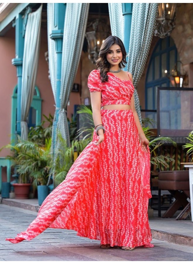 AKS Red Kota Doria Lehenga Choli with One-Shoulder Blouse  - Image 4