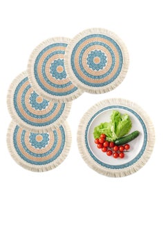 Boho Round Place Mats, 4 Pcs 13 inch Colorful Tassel Woven Placemats, Heat Resistant Burlap Blue Fringe Placemat/Tablemats, Washable Circle Placemats, for Table, Dinner, Wedding, Home Decoration