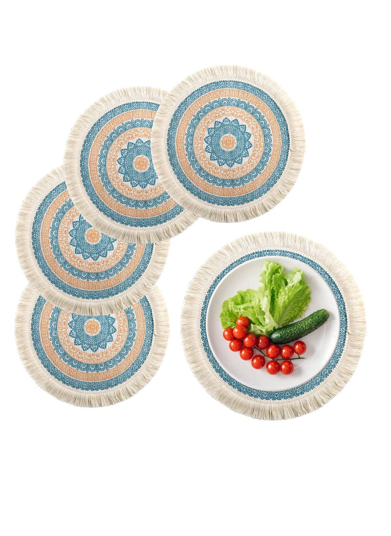 Excefore - Boho Round Place Mats, 4 Pcs 13 inch Colorful Tassel Woven Placemats, Heat Resistant Burlap Blue Fringe Placemat/Tablemats, Washable Circle Placemats, for Table, Dinner, Wedding, Home Decoration - Image 1