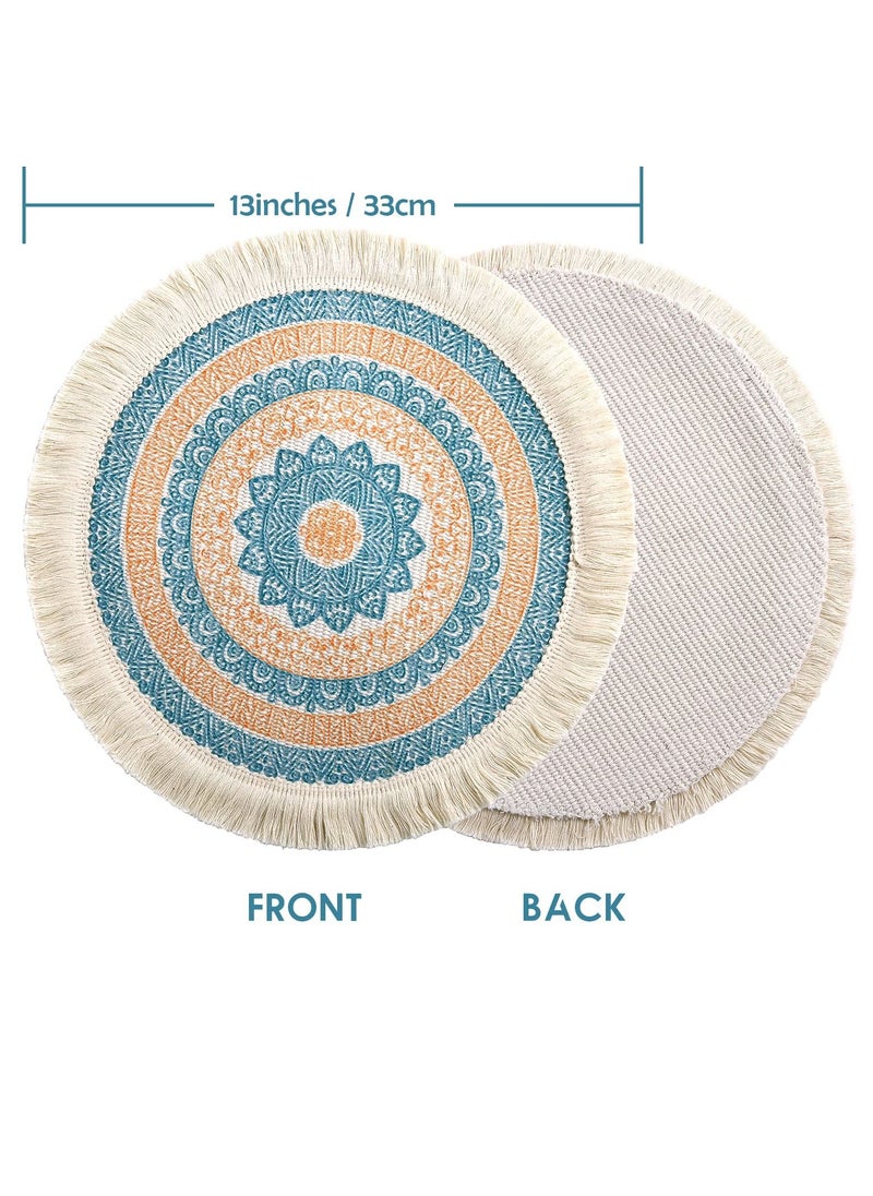 Excefore - Boho Round Place Mats, 4 Pcs 13 inch Colorful Tassel Woven Placemats, Heat Resistant Burlap Blue Fringe Placemat/Tablemats, Washable Circle Placemats, for Table, Dinner, Wedding, Home Decoration - Image 1