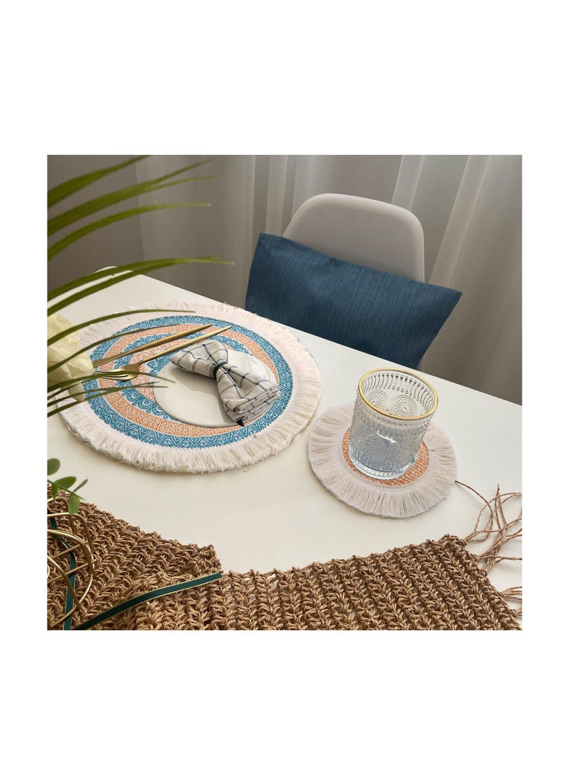 Excefore - Boho Round Place Mats, 4 Pcs 13 inch Colorful Tassel Woven Placemats, Heat Resistant Burlap Blue Fringe Placemat/Tablemats, Washable Circle Placemats, for Table, Dinner, Wedding, Home Decoration - Image 1