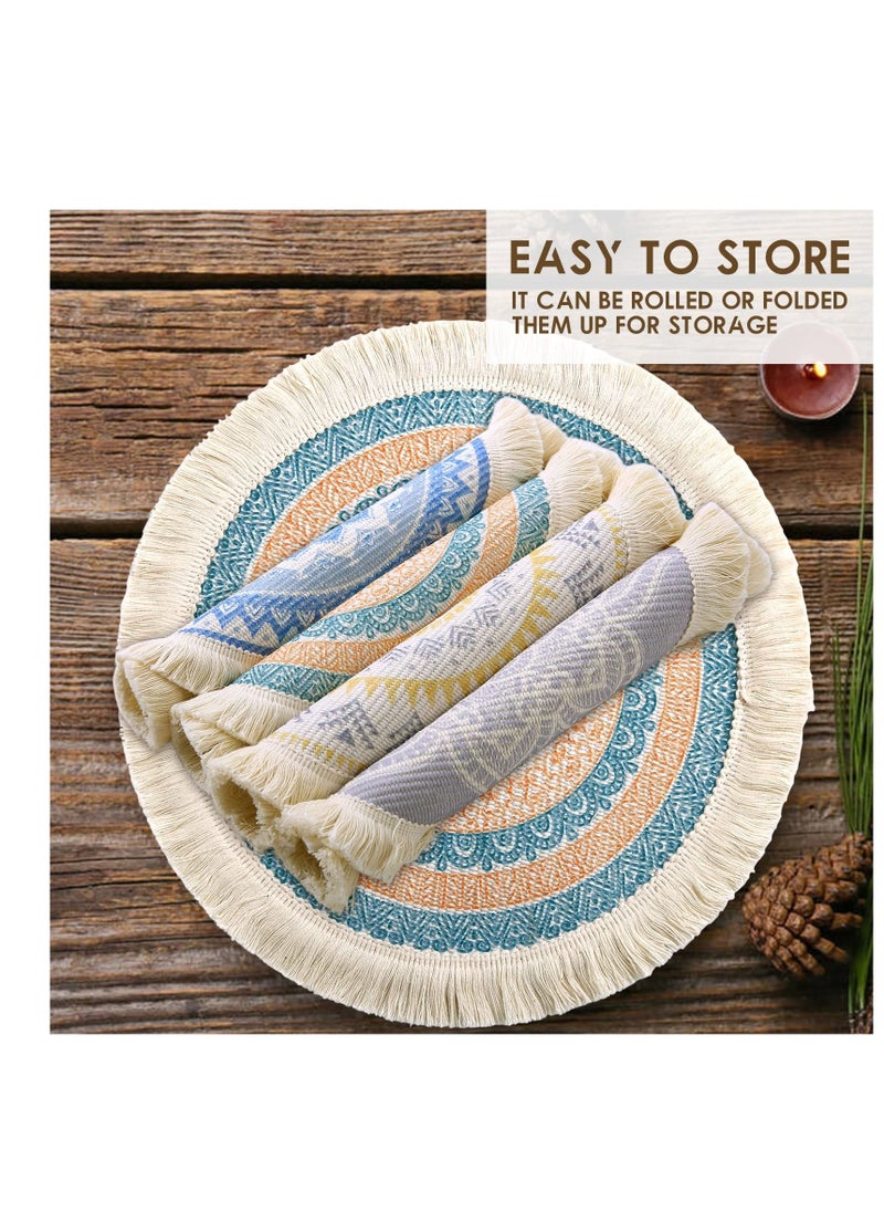 Excefore - Boho Round Place Mats, 4 Pcs 13 inch Colorful Tassel Woven Placemats, Heat Resistant Burlap Blue Fringe Placemat/Tablemats, Washable Circle Placemats, for Table, Dinner, Wedding, Home Decoration - Image 1