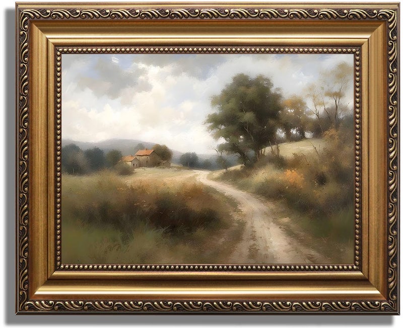 ASTRDECOR Vintage Gold Framed Wall Art, Vintage Field Country Nature Wall Art Prints, House Landscape Paintings Canvas Wall Art for Bedroom, Hills Path Green Pictures Farmhouse Wall Decor for Living Room -9''x12'' - Image 1