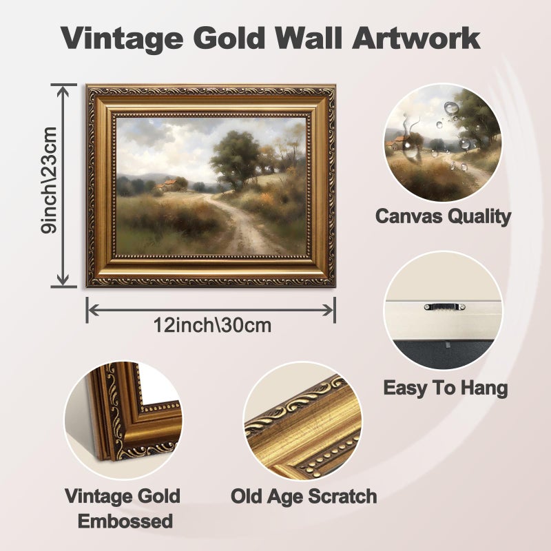 ASTRDECOR Vintage Gold Framed Wall Art, Vintage Field Country Nature Wall Art Prints, House Landscape Paintings Canvas Wall Art for Bedroom, Hills Path Green Pictures Farmhouse Wall Decor for Living Room -9''x12'' - Image 2