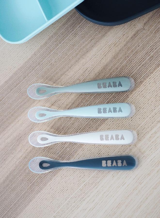 BEABA Baby's First Foods Spoon Set, Original Silicone Baby Spoons, Baby Essentials, Baby Spoons, Pack of 4 Baby Gift Set, BPA Lead & Phthalate Free, Rain - Image 1