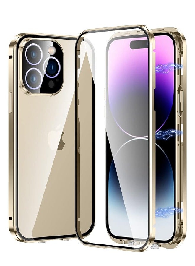 FOCUS Metal Case for iPhone 15 Pro , 360° Full Protection Ultra-Thin Clear Double Sided Tempered Glass Screen Protector Case Cover with Safety Lock and Camera Lens Protector (15 Pro , Gold) - Image 1