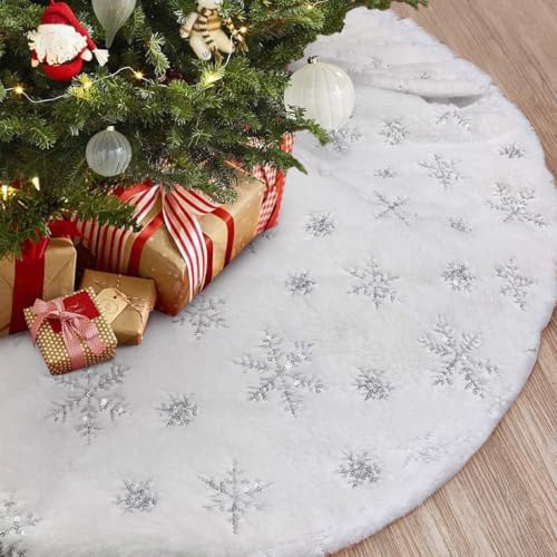 TOBEHIGHER Christmas Tree Skirt - 48 Inches Large Snowy White Faux Fur Tree Skirt with Silver Snowy Pattern for Christmas Decorations, Perfect - Image 1