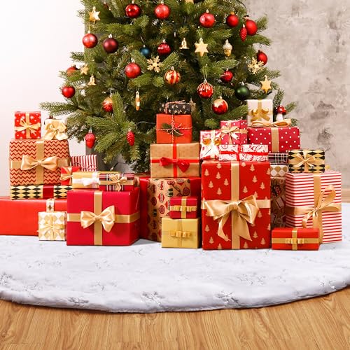 TOBEHIGHER Christmas Tree Skirt - 48 Inches Large Snowy White Faux Fur Tree Skirt with Silver Snowy Pattern for Christmas Decorations, Perfect - Image 2