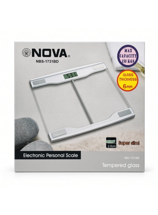 NOVA NBS-1731BD Digital Personal Weighing Scale, 150KG Capacity, 6mm Tempered Glass, Ultra Slim 2cm Design - Image 2