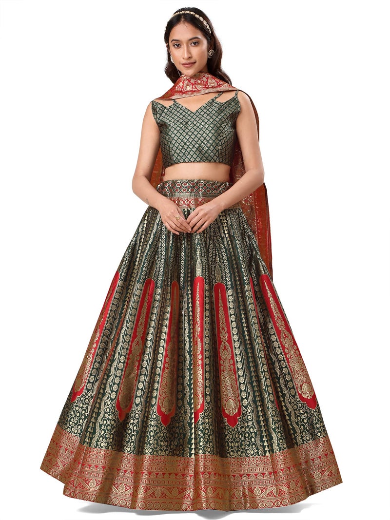 PURVAJA Women's Jacquard Semi-Stitched Lehenga choli (Lihaaz-D-Green_Green_Free Size) - Image 1
