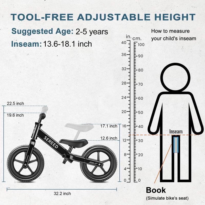 SEREED Toddler Balance Bike 2 Year Old, No Pedal Kids Toy Bike for 2-5 Years Old, Tool-Free Adjustment, Gift for 2-3 Girls, Customize Plate with 3pcs Stickers (Black) - Image 3